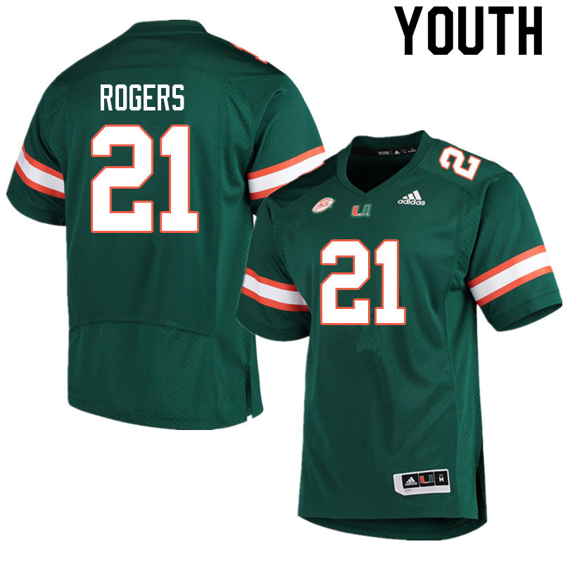 Youth #21 Khamauri Rogers Miami Hurricanes College Football Jerseys Sale-Green - Click Image to Close